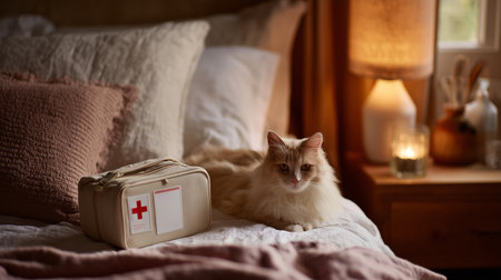 Cozy indoor scene with a cat resting near a first aid kit on a bedの素材