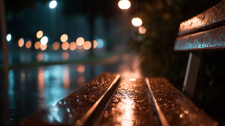Raindrops glisten on a park bench during a rainy nightの素材