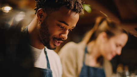 Young barista prepares coffee while working in a cozy cafe during the morning rushの素材