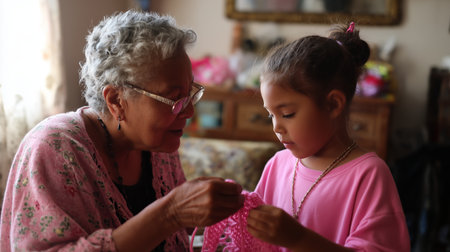 Grandmother and granddaughter share a moment while learning to crochet together indoorsの素材