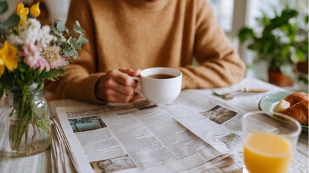 Enjoying coffee and pastries while reading the newspaper at a cozy morning tableの素材