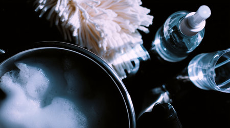 Cleaning supplies arranged on a dark surface with soap and a mop ready for useの素材