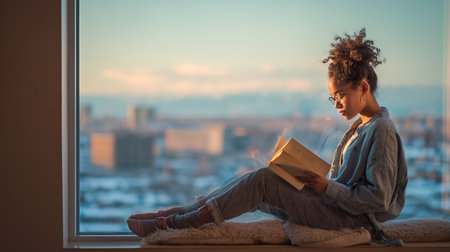 Young girl reading a book by a large window with a city view during sunsetの素材