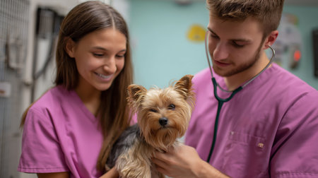 Veterinary professionals caring for a small dog in a clinic settingの素材