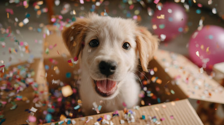 Excited puppy surrounded by colorful confetti in a cardboard boxの素材