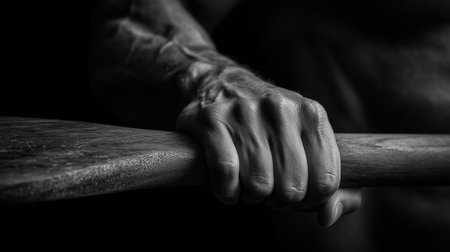 Close-up of a strong hand gripping a wooden paddle in a dim settingの素材