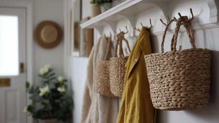 Stylish entryway with woven baskets and cozy decor in a modern homeの素材