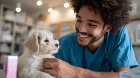 Vet tech interacts with a small puppy in a welcoming clinic settingの素材