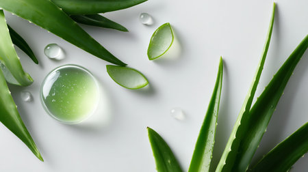 Fresh aloe vera leaves and gel drops arranged on a clean white surfaceの素材