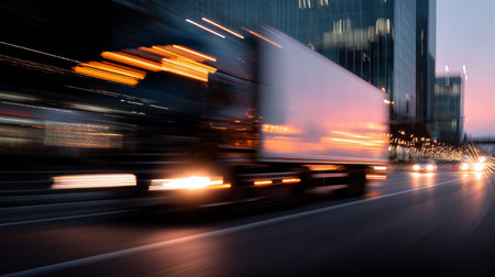 Truck moving quickly through a city street during twilight hoursの素材