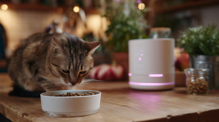 Cat enjoying a meal in a cozy indoor kitchen setting filled with natural lightの素材