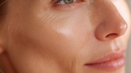 Woman with glowing skin smiling softly in a bright, natural setting during the dayの素材
