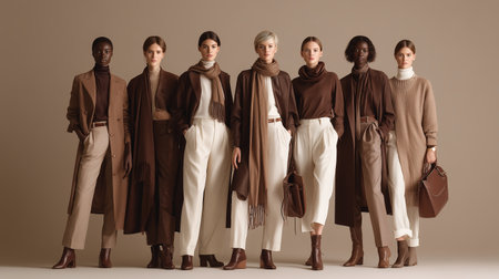 Stylish models showcase a fall fashion collection in a neutral color paletteの素材