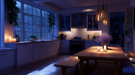Cozy evening kitchen with soft lighting and a warm atmosphere in a city apartmentの素材