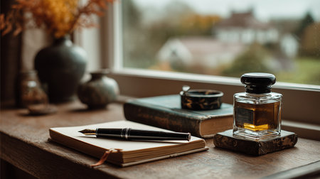 Writing desk with elegant tools and a view of a peaceful landscape outside the windowの素材