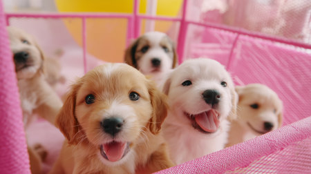 Playful puppies enjoying their time in a colorful basket on a sunny dayの素材
