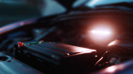 Car battery inspection during nighttime in a well-lit garageの素材