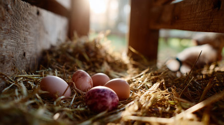 Colorful eggs nestled in straw during a sunny morning on the farmの素材