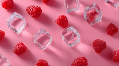 Raspberries and ice cubes arranged on a pink background for a vibrant summer feelの素材
