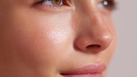 Close-up view of a womans face highlighting natural beauty and smooth skin textureの素材
