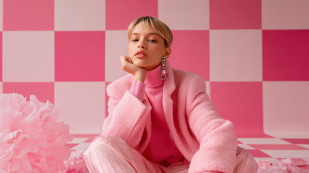 Fashion model poses in pink outfit against colorful checkered backdrop in studio settingの素材
