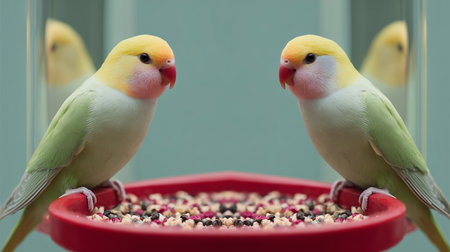 Two colorful lovebirds eating seeds on a red feeder in a calm settingの素材
