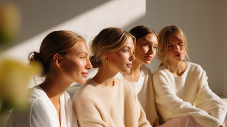 Four women enjoying a moment of connection in a softly lit interior spaceの素材