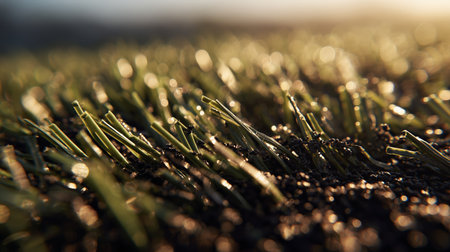 Close view of dew-kissed grass blades shining in the morning sun at a nature fieldの素材