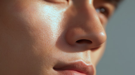 Close-up of a young mans face showcasing smooth skin and natural light during daytimeの素材