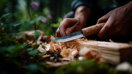 Expert woodworker carves shapes in forest using knife on a sunny dayの素材