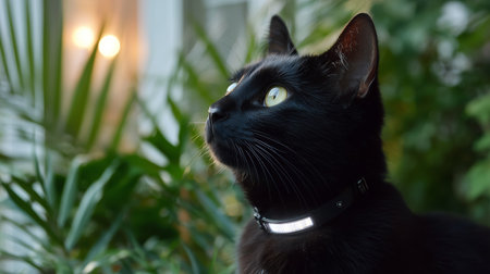 Black cat gazes curiously at bright lights in the garden during twilightの素材