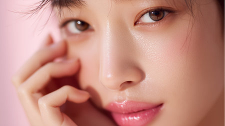 Beauty close-up showing radiant skin and soft features on a model with natural makeupの素材