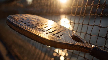 Sunset over the lake with a paddle resting against the netting in evening lightの素材