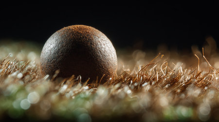 Close view of a rusty metal ball resting on grass with soft focus background at duskの素材