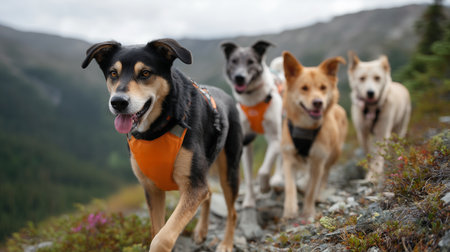 Four happy dogs hiking on a rocky trail in the mountains during daytime adventureの素材