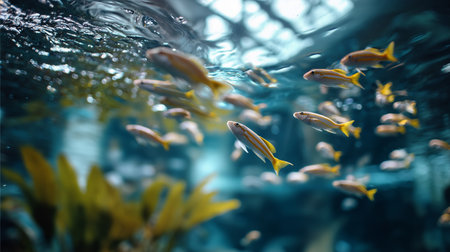 Colorful fish swimming in a serene aquarium setting filled with aquatic plantsの素材