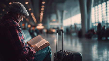 Traveler sits at airport reading book while waiting for flightの素材