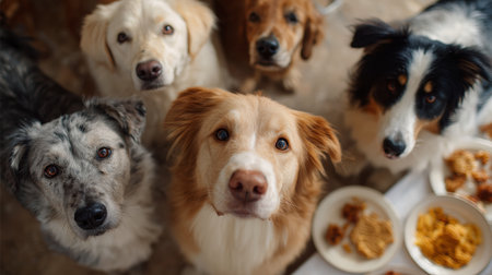 Dogs gather around bowls of food in a cozy indoor setting during a fun mealtime momentの素材
