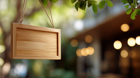 Wooden sign hanging in a lush outdoor setting near a cafe or restaurant during daytimeの素材