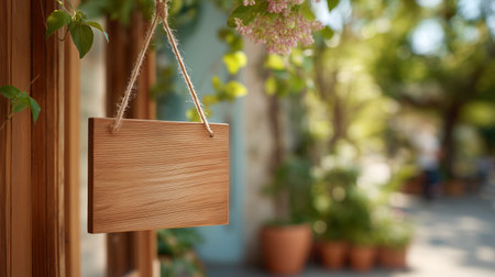 Wooden sign hanging in a serene garden setting during daylight hoursの素材