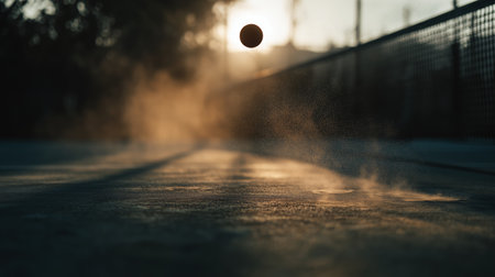 Ball bounces on tennis court during sunset with mist rising from the surfaceの素材