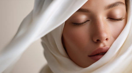 Woman wearing a white hijab with closed eyes in a serene and peaceful settingの素材