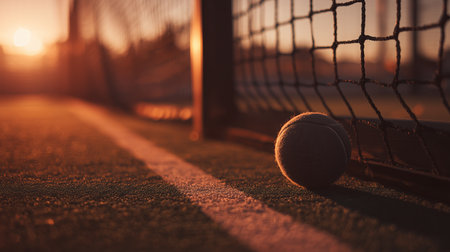Tennis ball resting near net during sunset on a courtの素材