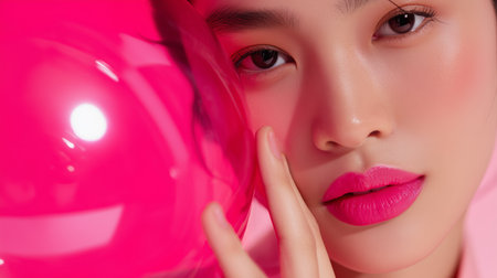 Bold beauty shot of a model with vibrant pink lips and accessories in a bright settingの素材