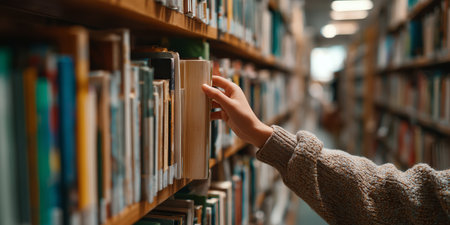 Hand reaching for a book on a library shelf during a quiet afternoonの素材