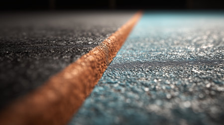 Close-up view of a wet asphalt surface with an orange line at sunsetの素材
