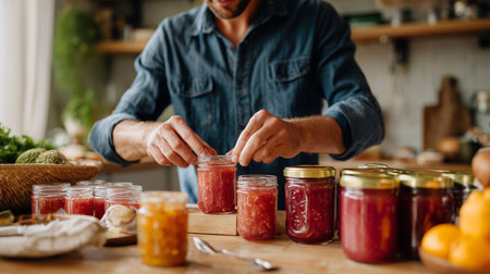 Preparing homemade preserves in a cozy kitchen with fresh ingredients at sunsetの素材