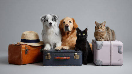Pets ready for travel with luggage and accessories in a playful studio settingの素材