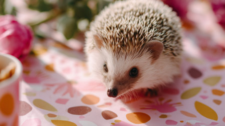 Cute hedgehog exploring a colorful table with roses and snacks in a cozy settingの素材