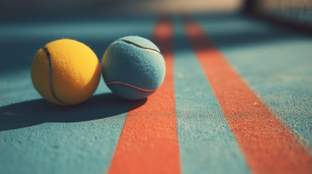Two colorful tennis balls resting on a blue court during a sunny dayの素材